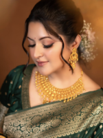 Exclusive Bottle Green Semi Katan Saree with Golden Zari Work | Party Wear Green - Image 3