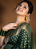 Exclusive Bottle Green Semi Katan Saree with Golden Zari Work | Party Wear Green - Image 2