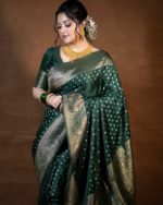 Exclusive Bottle Green Semi Katan Saree with Golden Zari Work | Party Wear Green