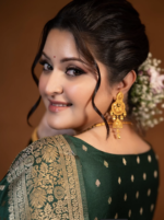 Exclusive Bottle Green Semi Katan Saree with Golden Zari Work | Party Wear Green - Image 5