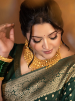 Exclusive Bottle Green Semi Katan Saree with Golden Zari Work | Party Wear Green - Image 6